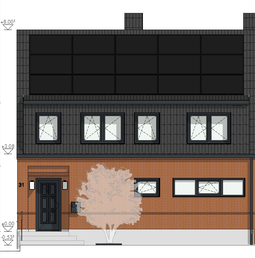 Straßenansicht Entwurf - Projekt S31 Modernes zweigeschossiges Haus mit schwarzem Dach, Fenstern und einem kleinen Baum.