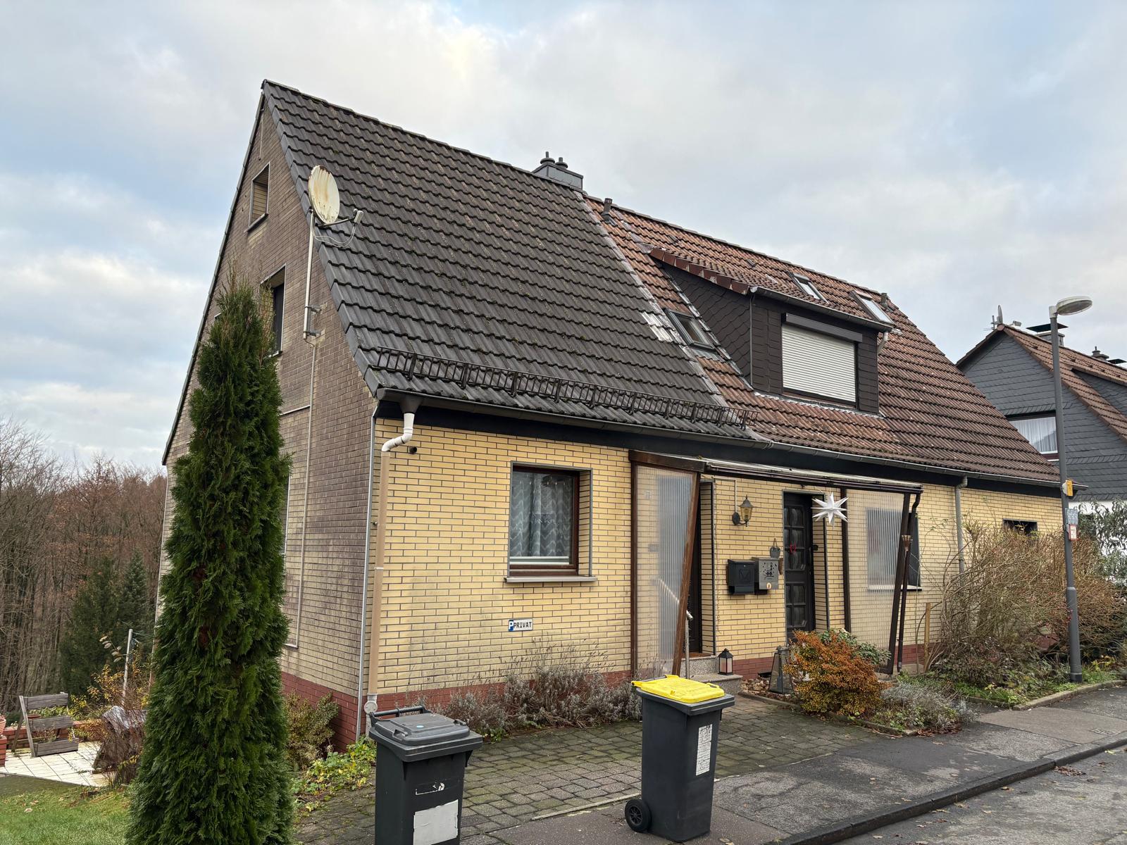 Bestandsgebäude - Projekt S31 Einfamilienhaus mit angedeutetem Satteldach, verschiedenen Fenstern und Mülltonnen davor.