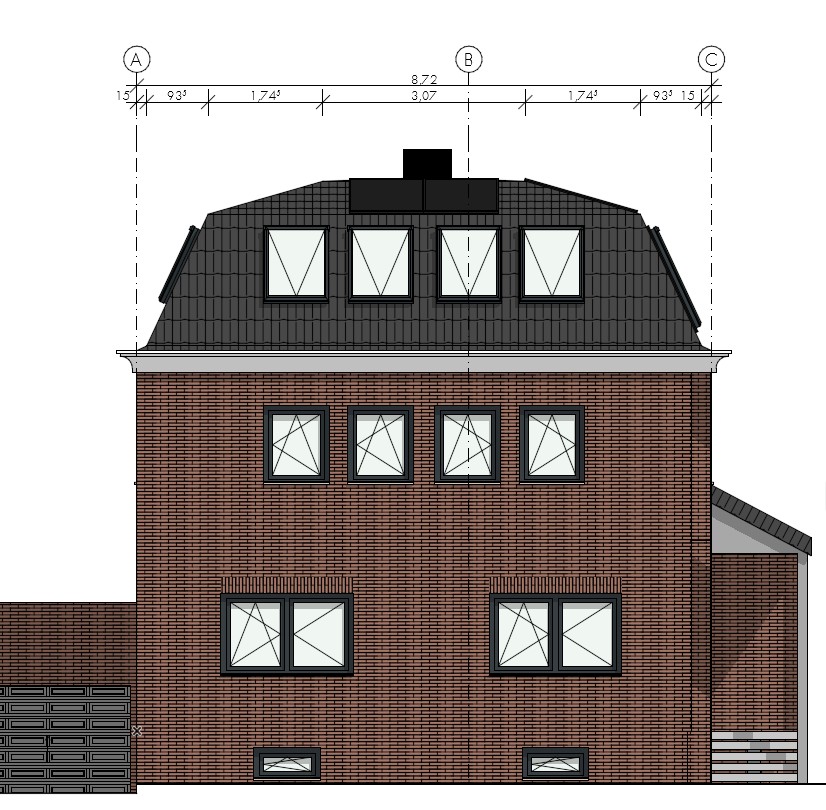 Strassenansicht Entwurf - Projekt F7 Darstellung eines Hauses mit einem oberen Dachgeschoss und vier Fenstern im Erdgeschoss.