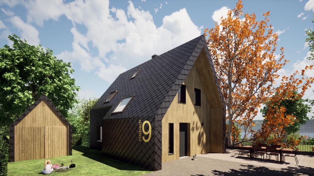 3D Rendering Entwurf - Projekt H9 Modernes Holzhaus mit schwarzem Dach, umgeben von Bäumen und einer Wiese.
