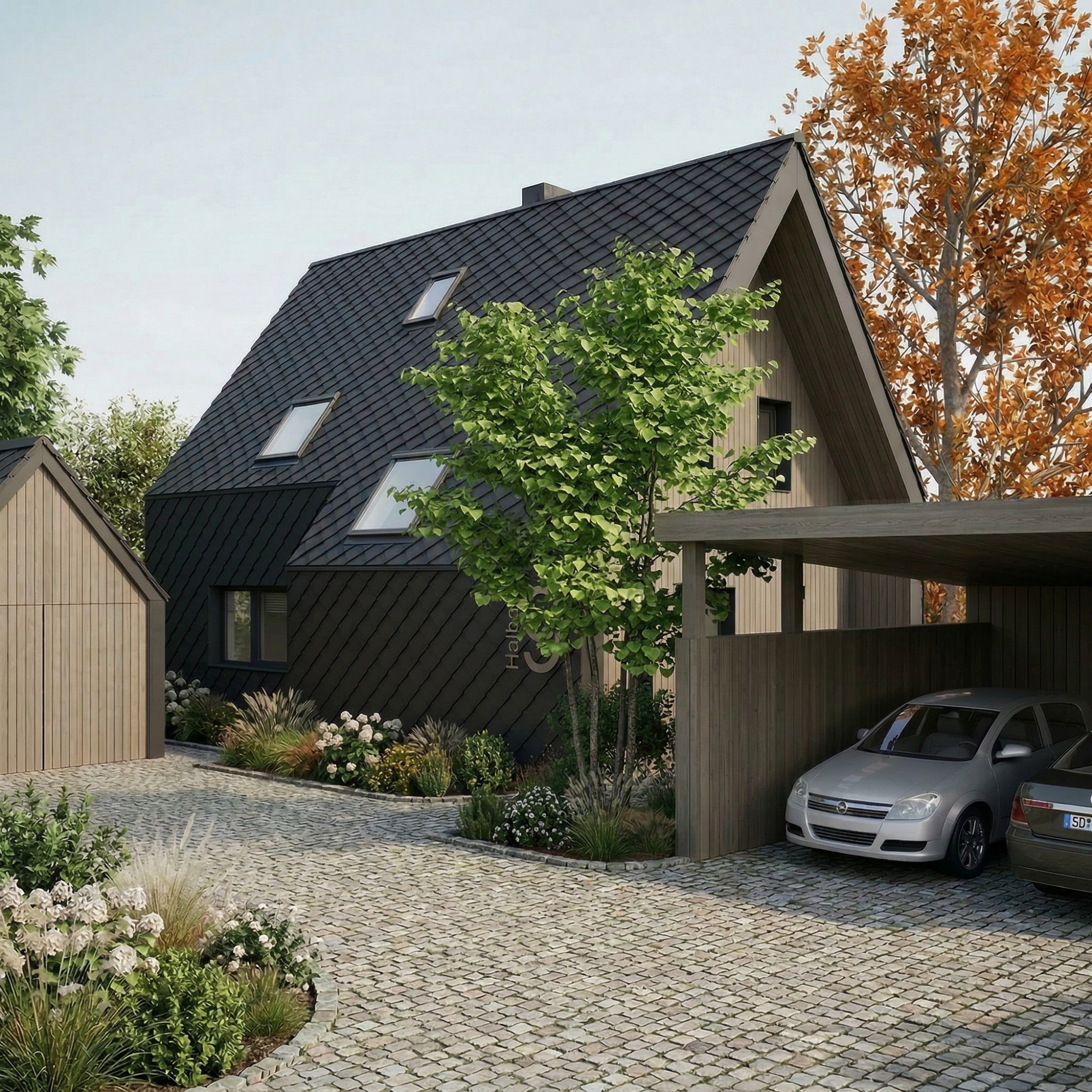 Visualisierungen (KI-generiert) - Projekt H9 Moderne, zweigeschossige Wohnimmobilie mit Carport und bepflanzter Auffahrt.