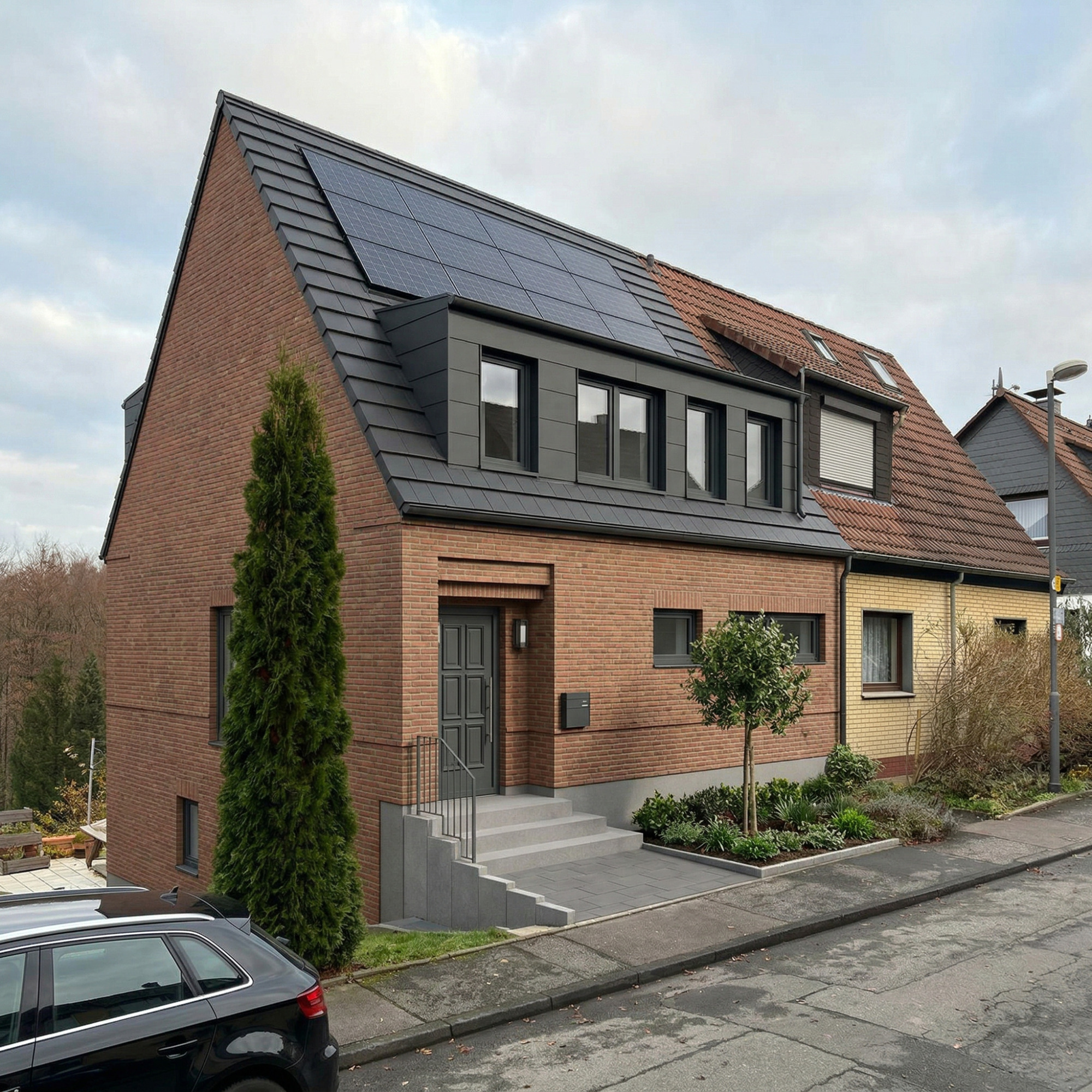 Visualisierung (KI-generiert) - Projekt S31 Modernes Haus mit Solarpanelen und angrenzendem Garten, in einer ruhigen Wohnstraße.